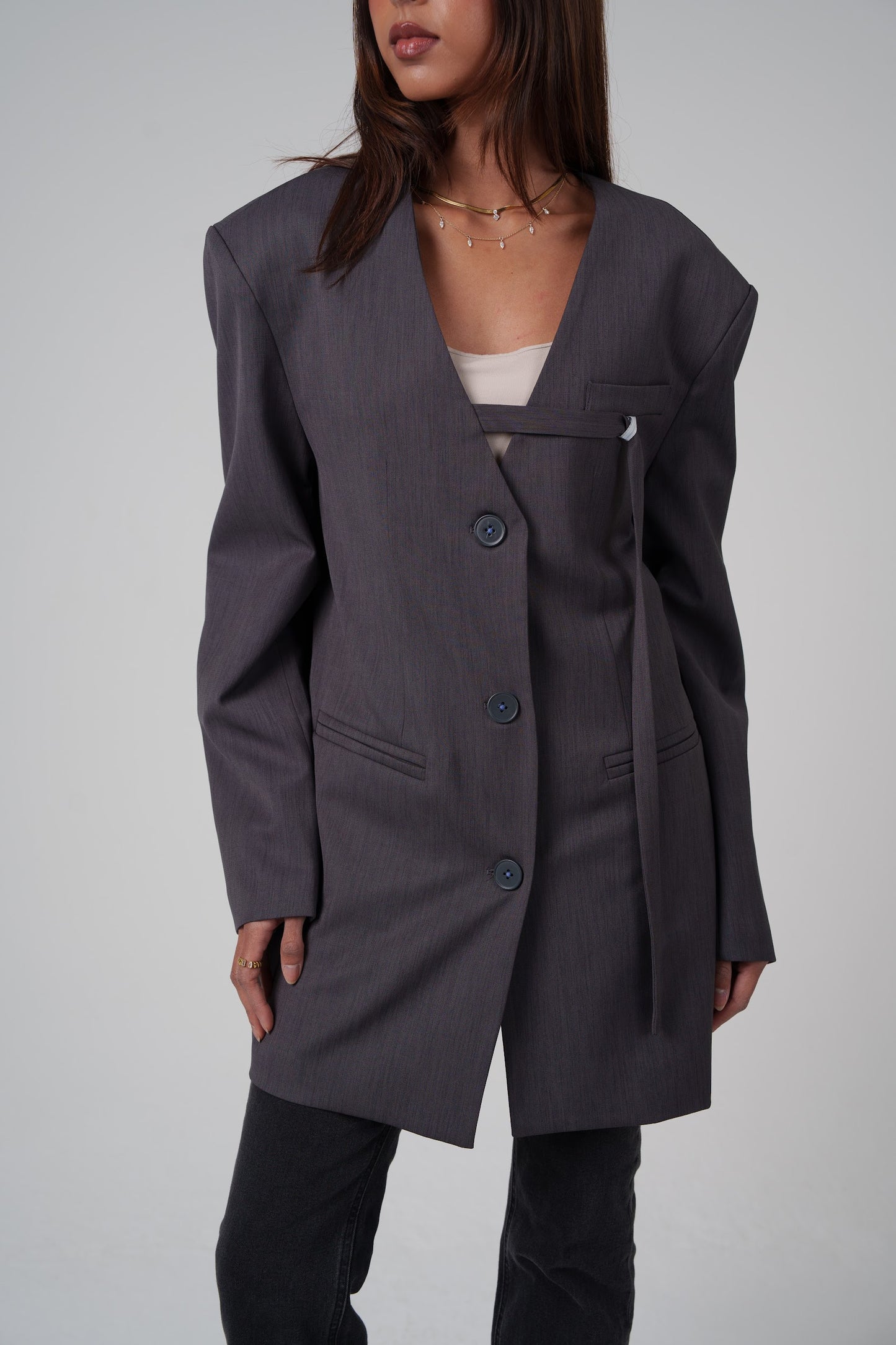 Grey Non-Collared Modern Blazer with Rope