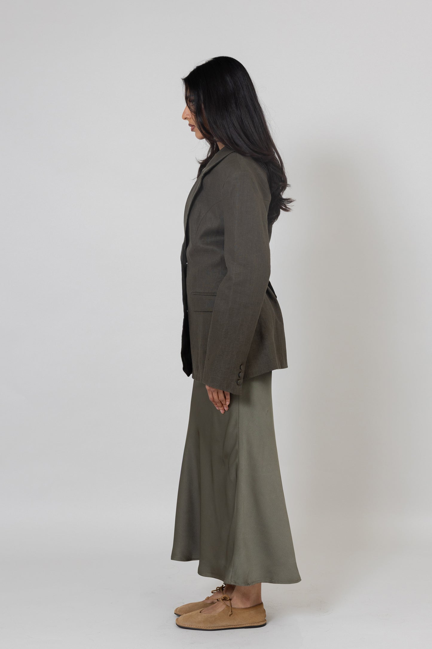 Olive Green Blazer & Silk Skirt Set