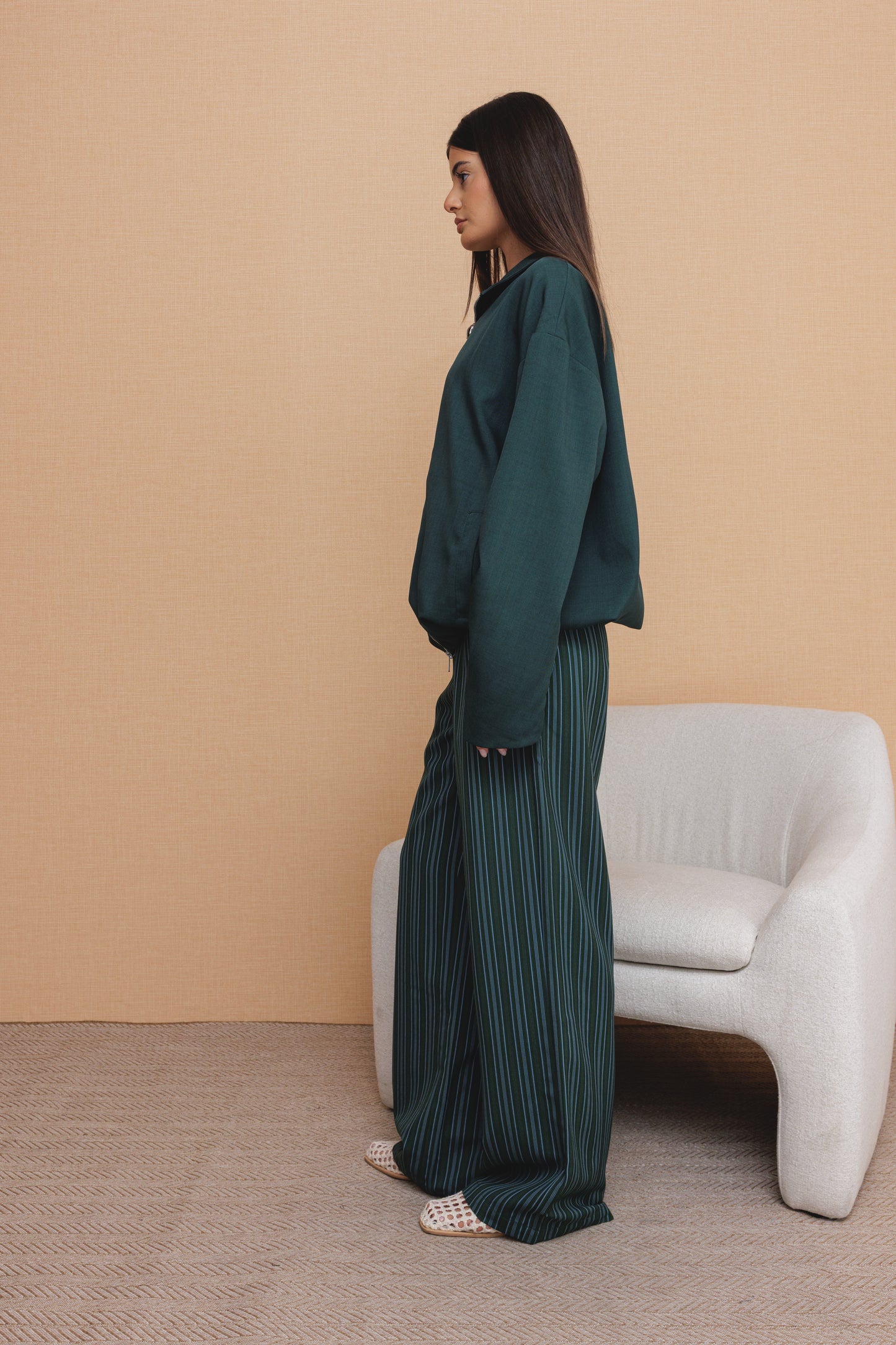 Green Striped Pants with Plain Jacket Set