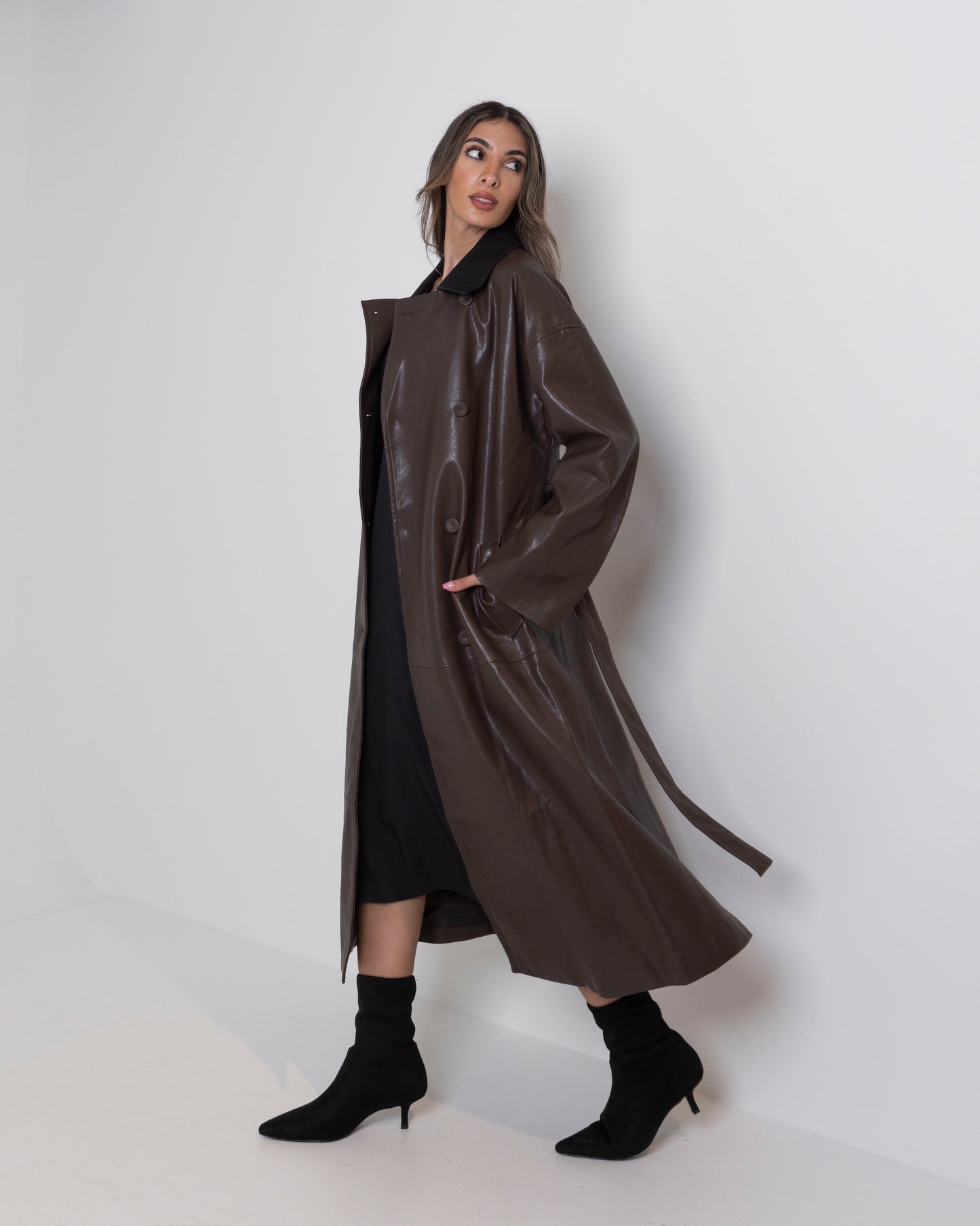 Brown Leather Trench with Black Collar