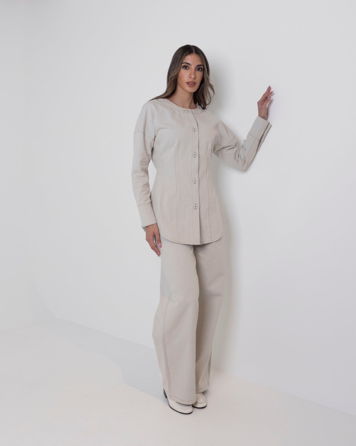 Beige Denim Waisted Set with Contrast Stitching