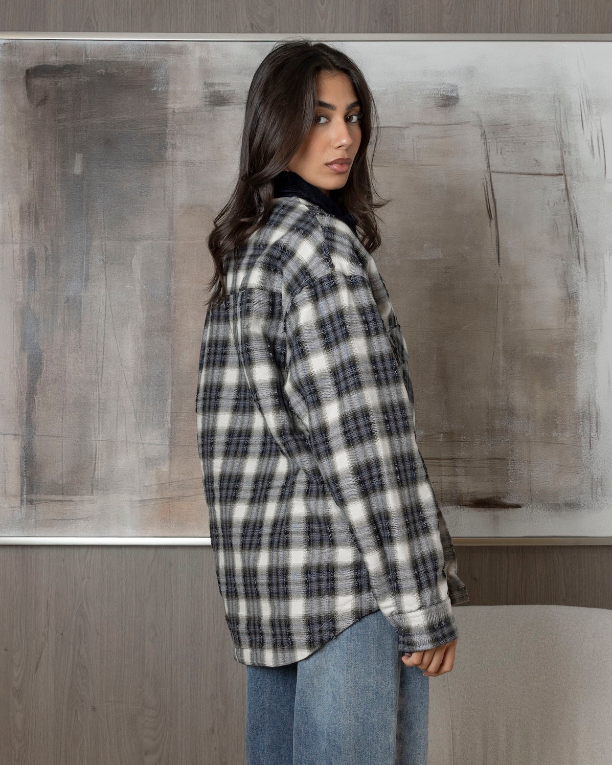 Plaid Shirt with Corduroy Collar