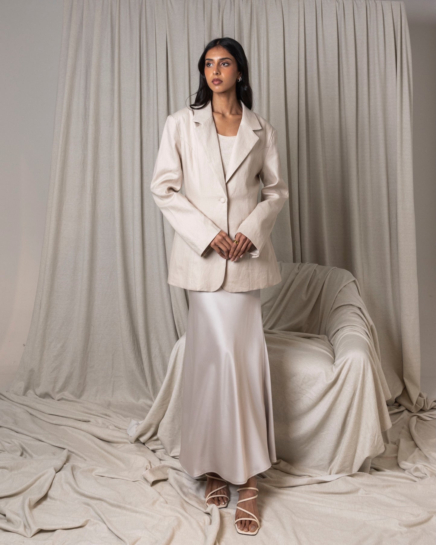 Beige Blazer & Silk Skirt Set
