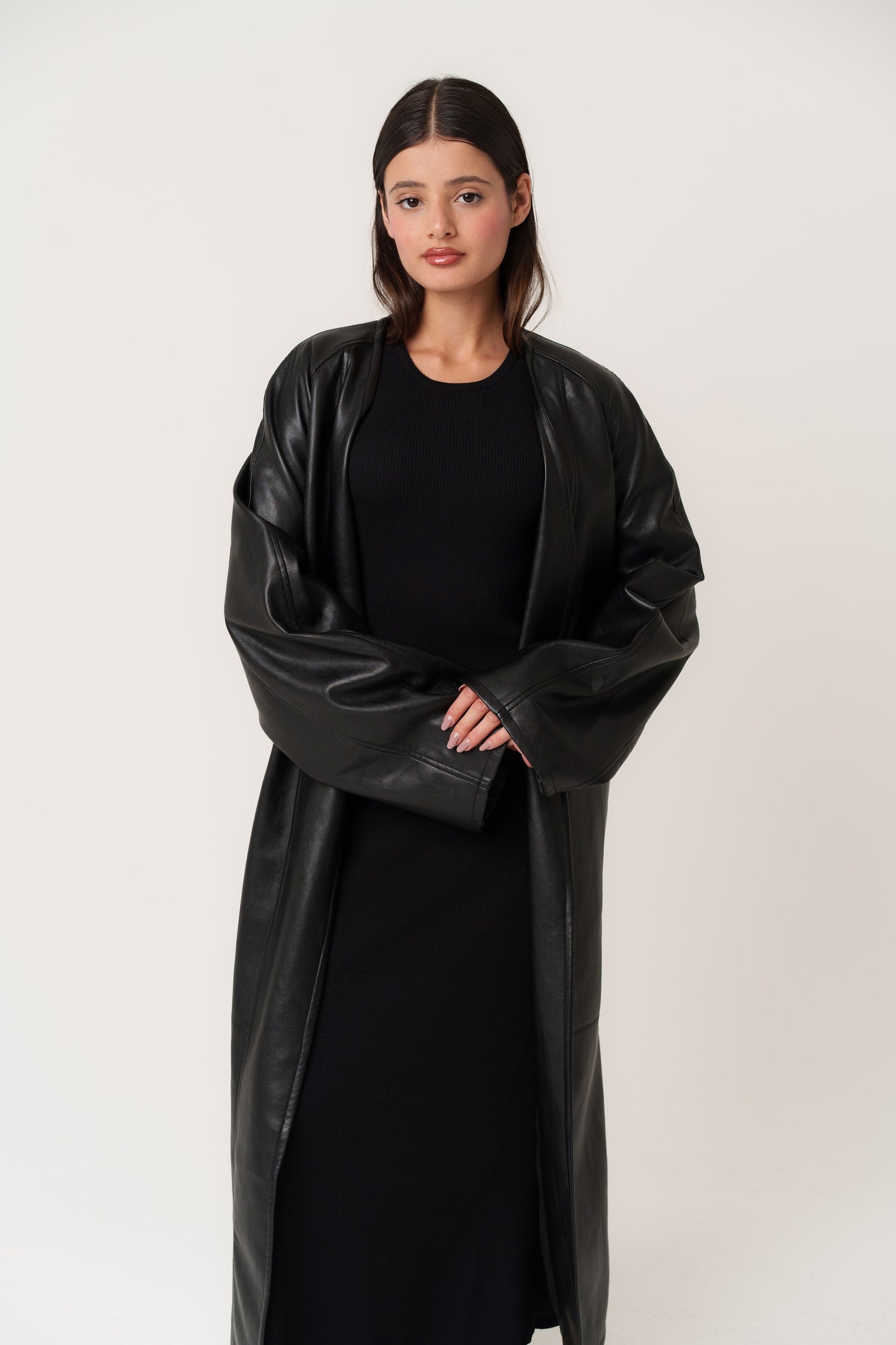 Black Leather Non-collared Trench