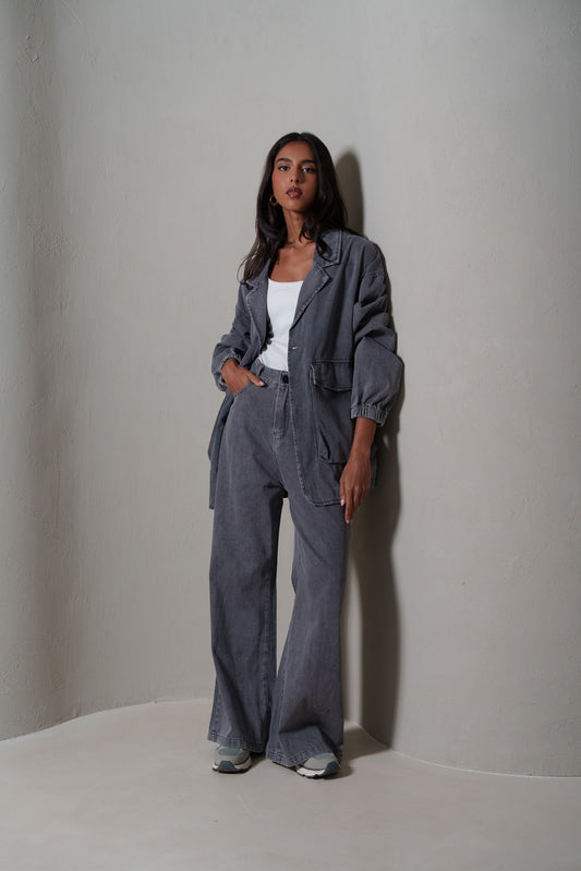 Washed Grey Drawstring Blazer Set