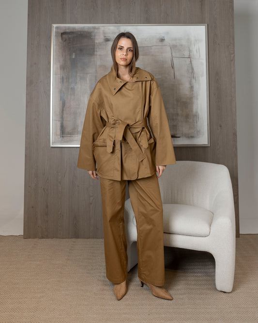 Dark Beige Short Trench with Back Pockets Set