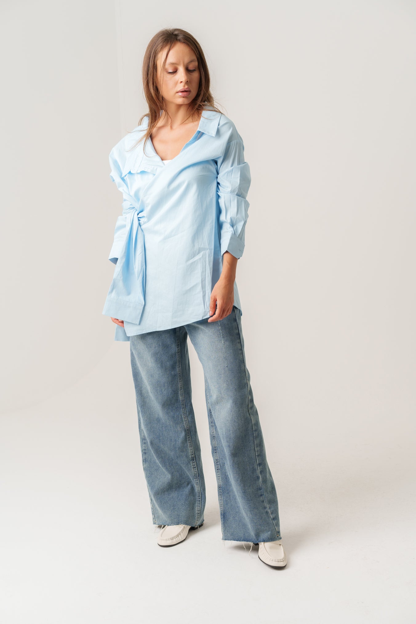 Blue Shirt with Sleeve Wrap