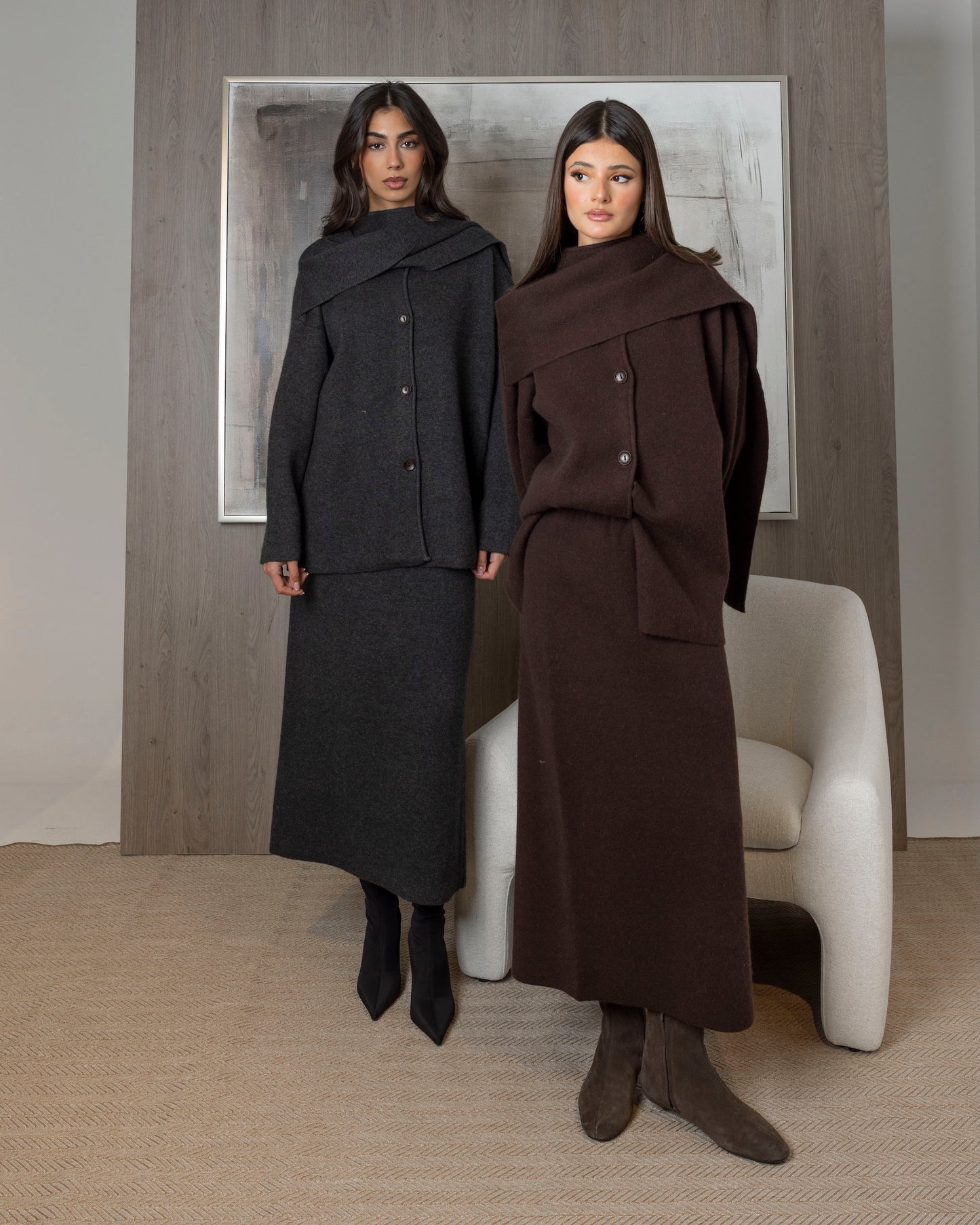 Knit Set Skirt & Cardigan with Scarf Attached