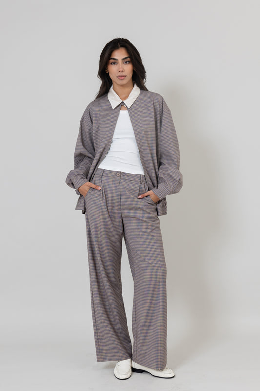 Dark Beige Plaid Set with White Collar