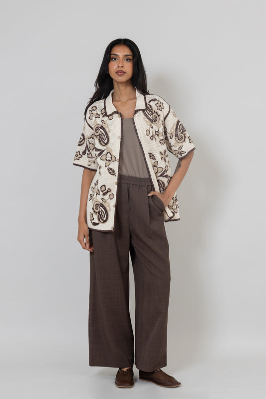 Short Sleeves Collared Brown & Beige Crochet Shirt