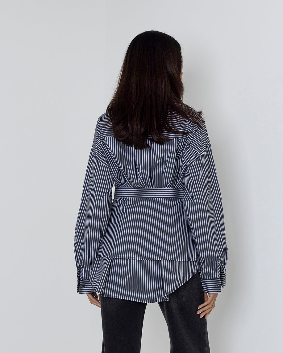 Belted Striped Button-Up Shirt