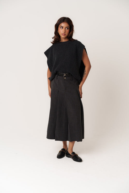 Pleated Grey Skirt with Denim Belt