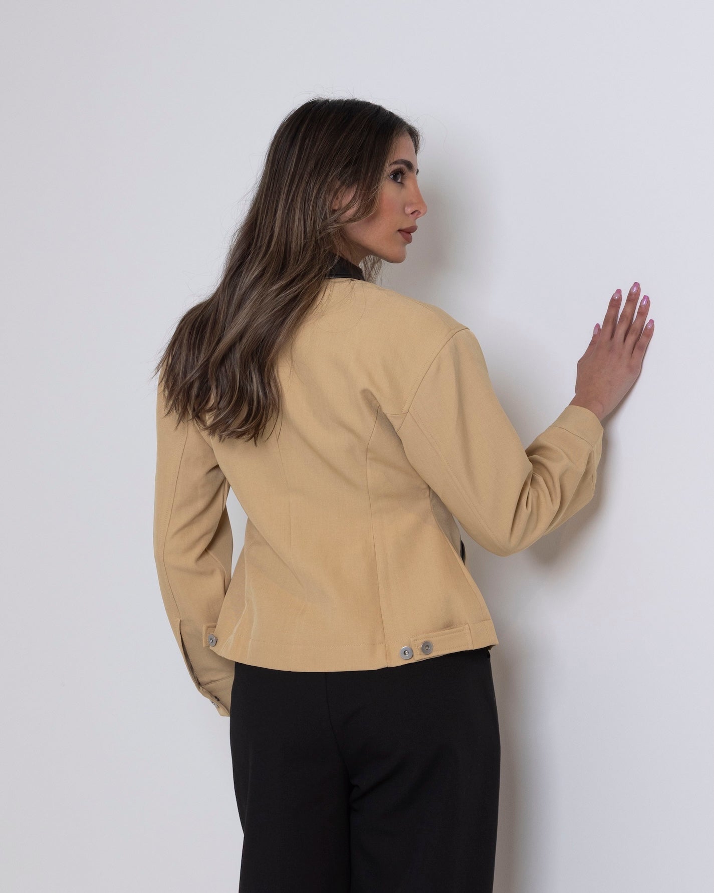 Beige/Yellow Waisted Jacket with Leather Collar