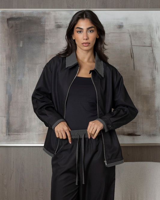 Black Jacket with Grey Striped Collar Set