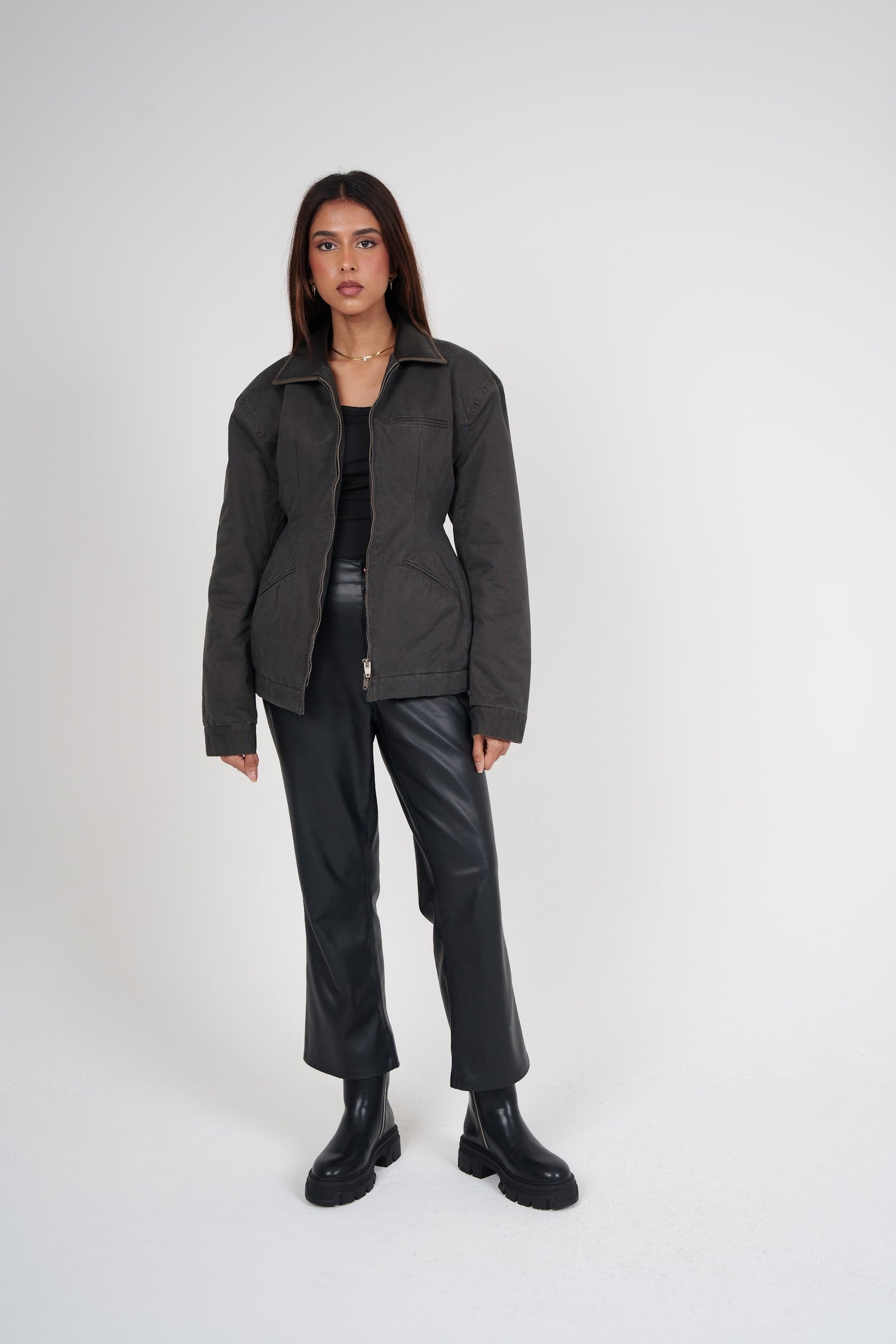Double Zipper Cinched Denim Jacket