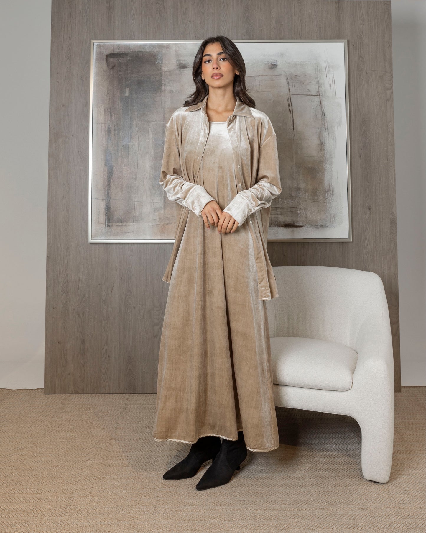 Beige Velvet Shirt & Dress Set