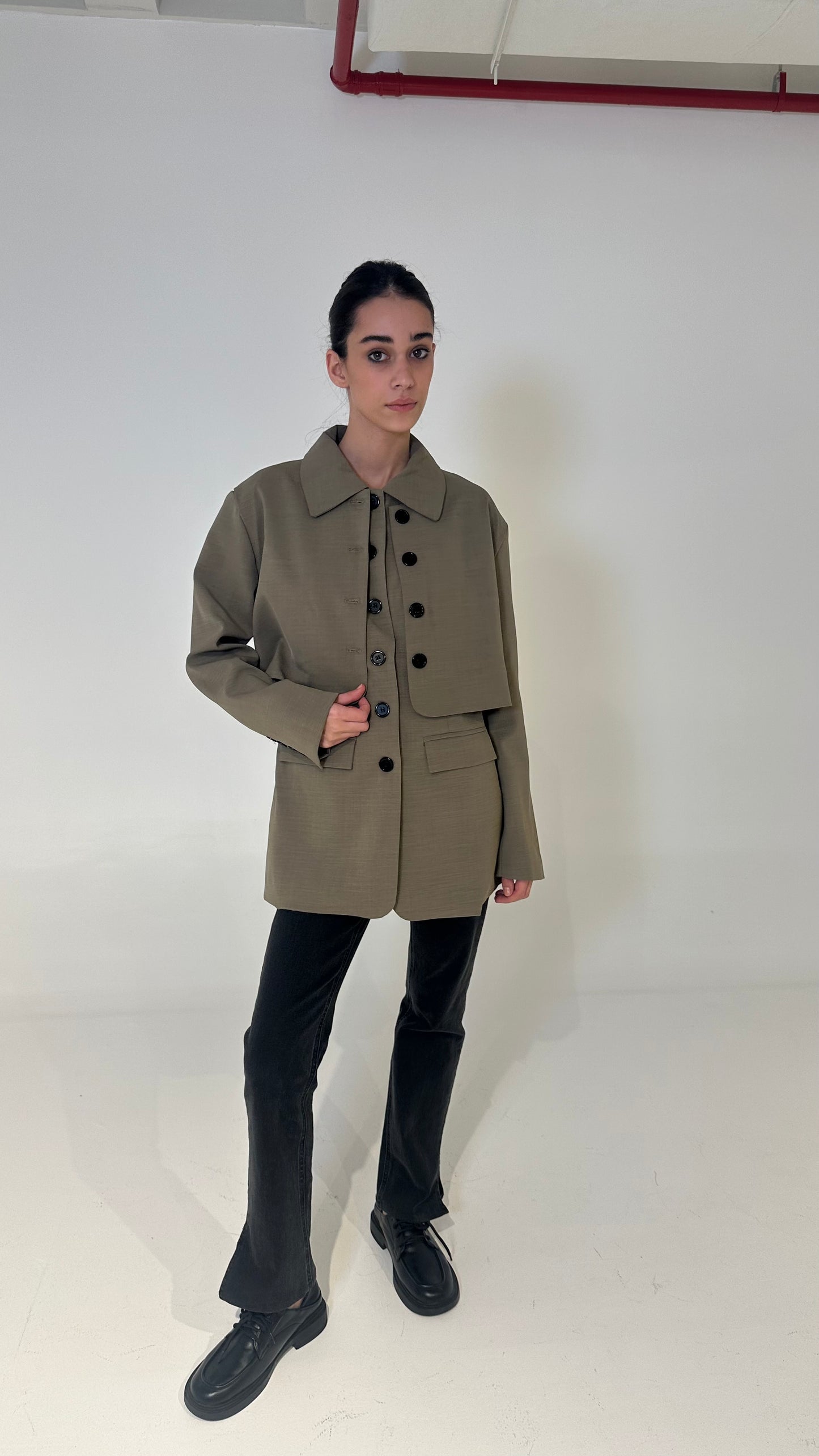 Layered Buttoned Blazer in Dark Beige