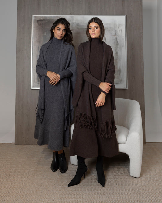 2 Piece Knit Set (Dress & Fringed Cardigan)