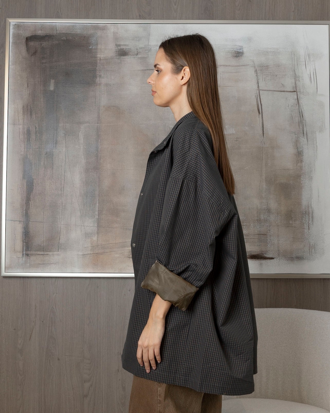 Oversized Plaid Jacket with Khaki Lining