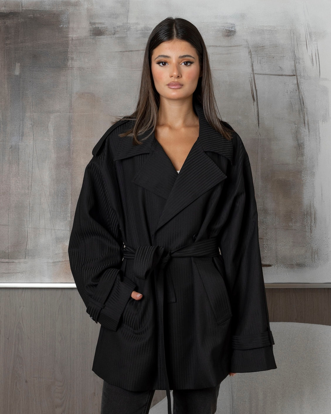 Striped Wool Short Trenches