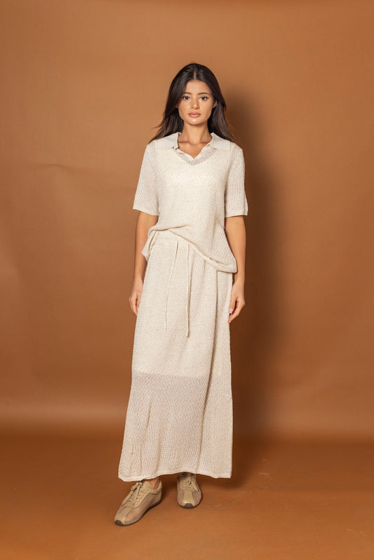 Beige Collared Light Knit Skirt Set