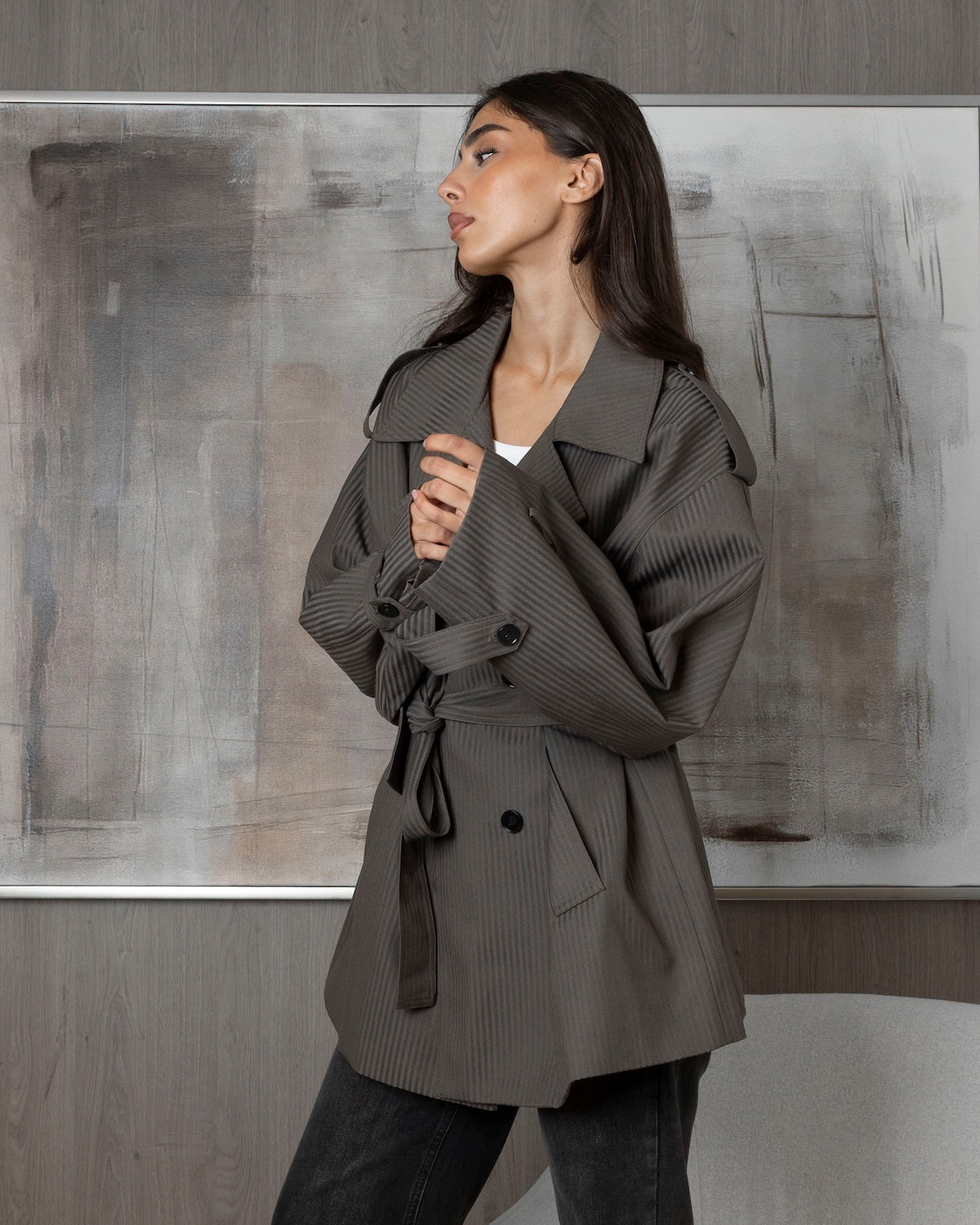 Striped Wool Short Trenches