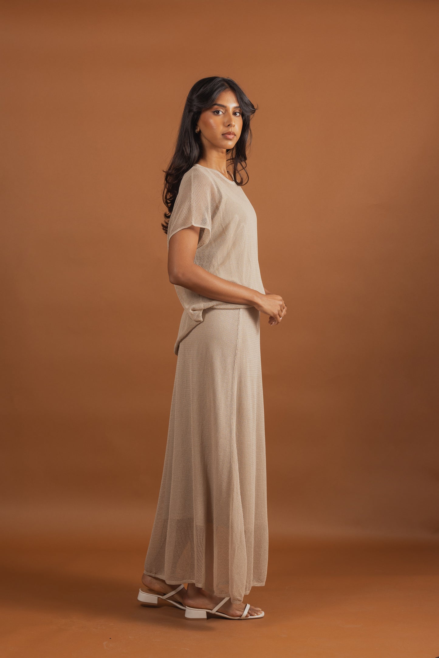 Light Mesh Beige Skirt Set