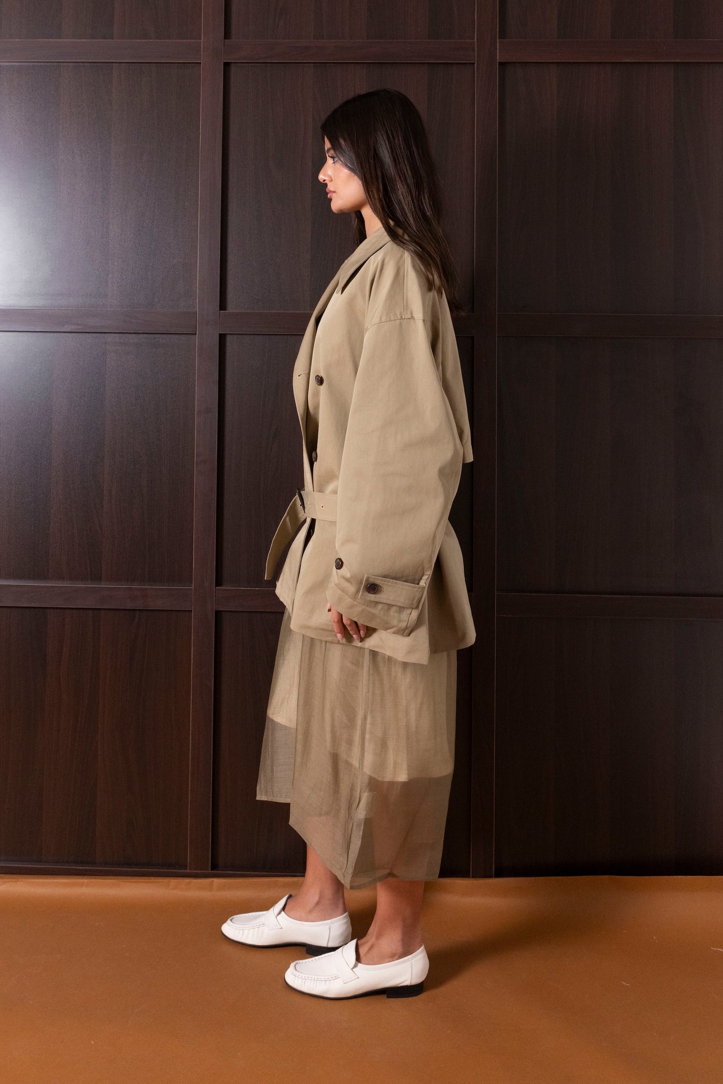Beige Short Trench Dress Set (Dress & Jacket)