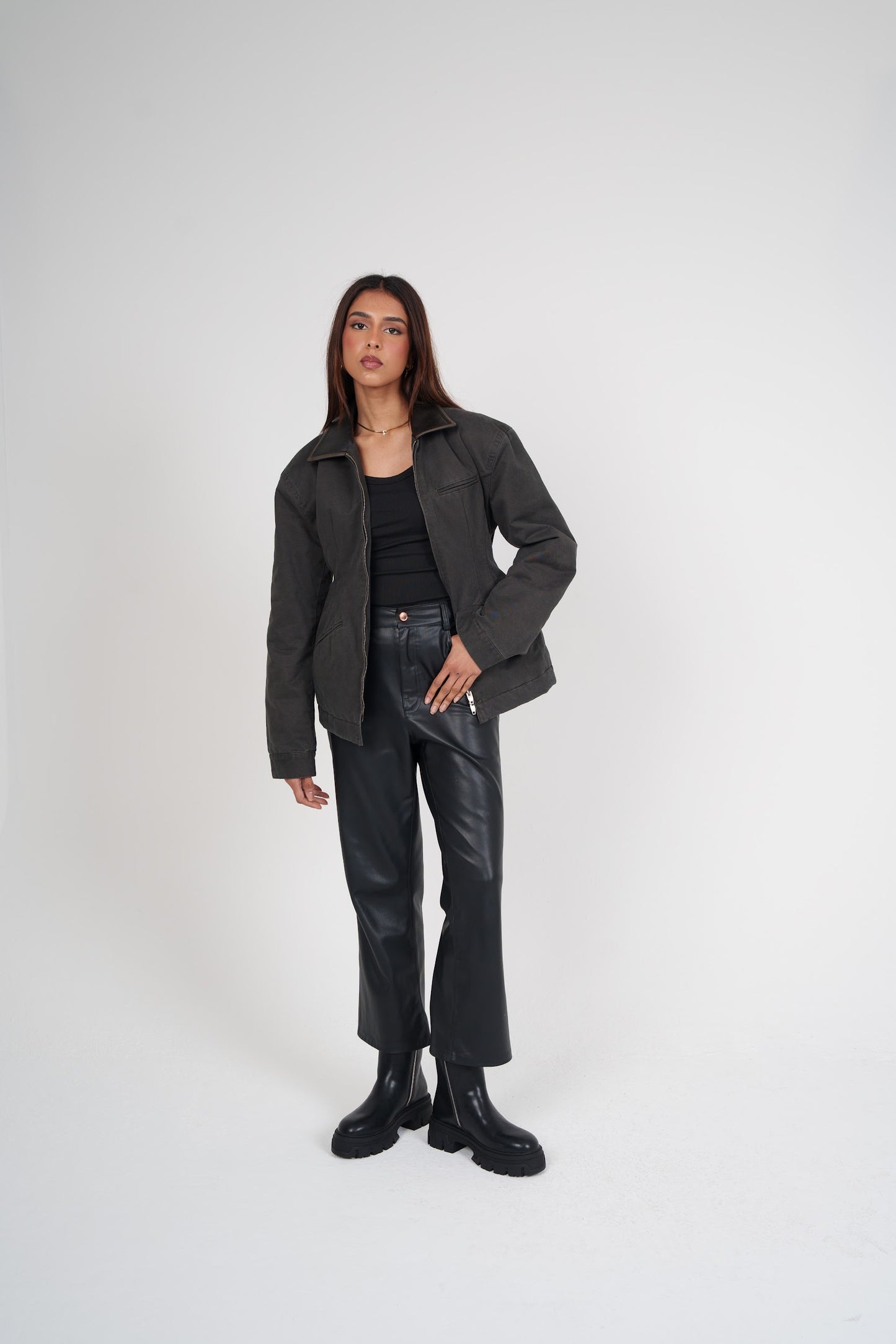 Double Zipper Cinched Denim Jacket