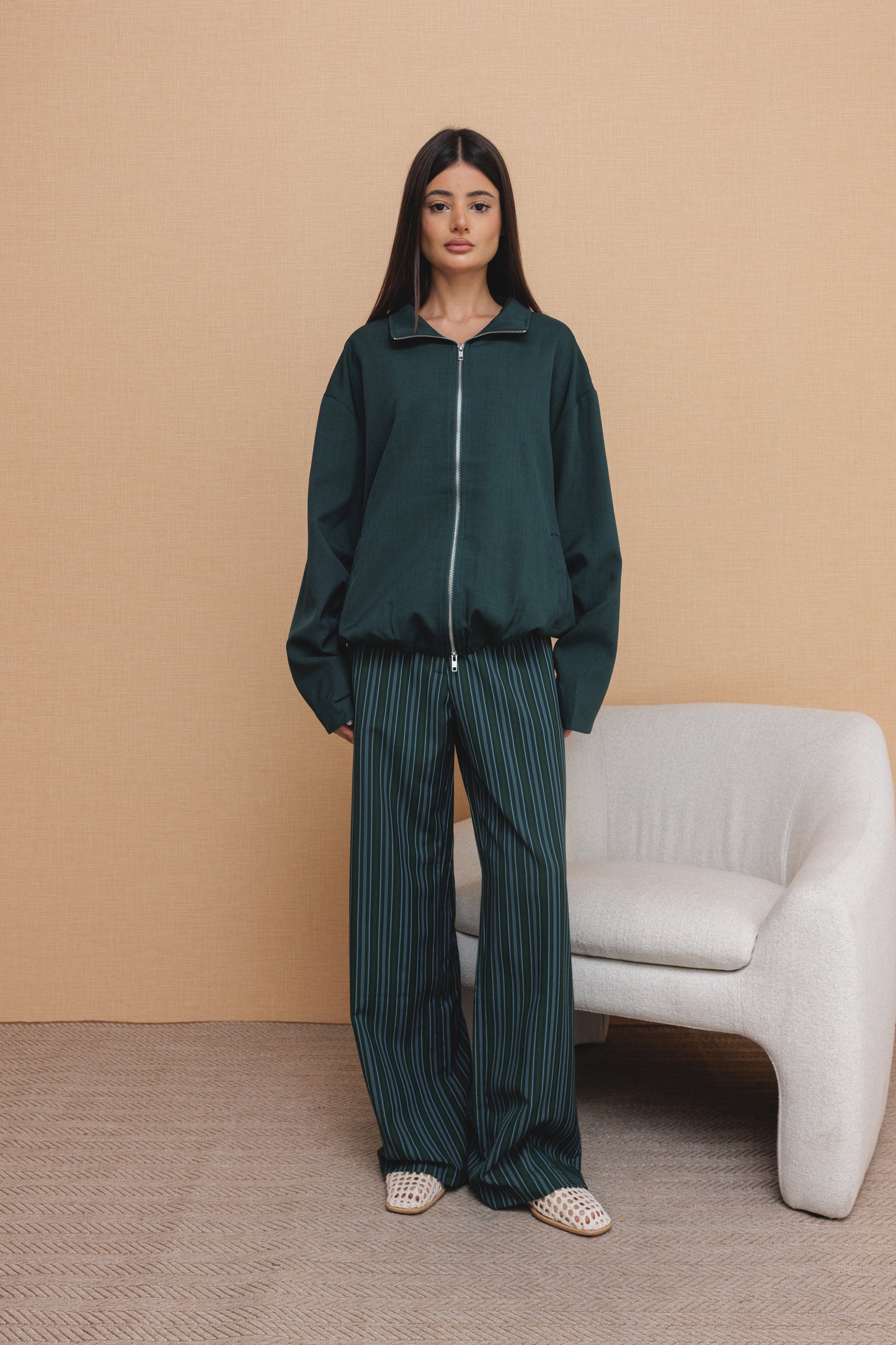 Green Striped Pants with Plain Jacket Set