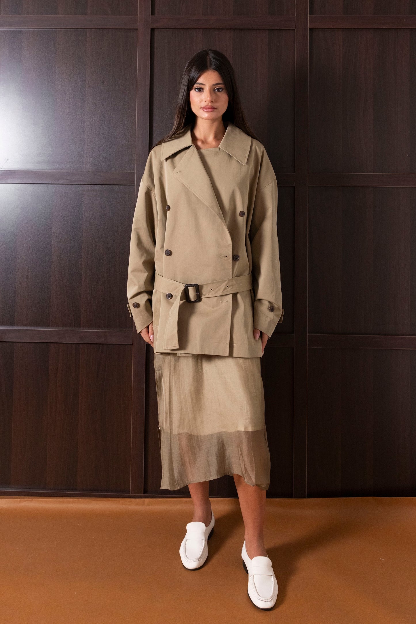Beige Short Trench Dress Set (Dress & Jacket)