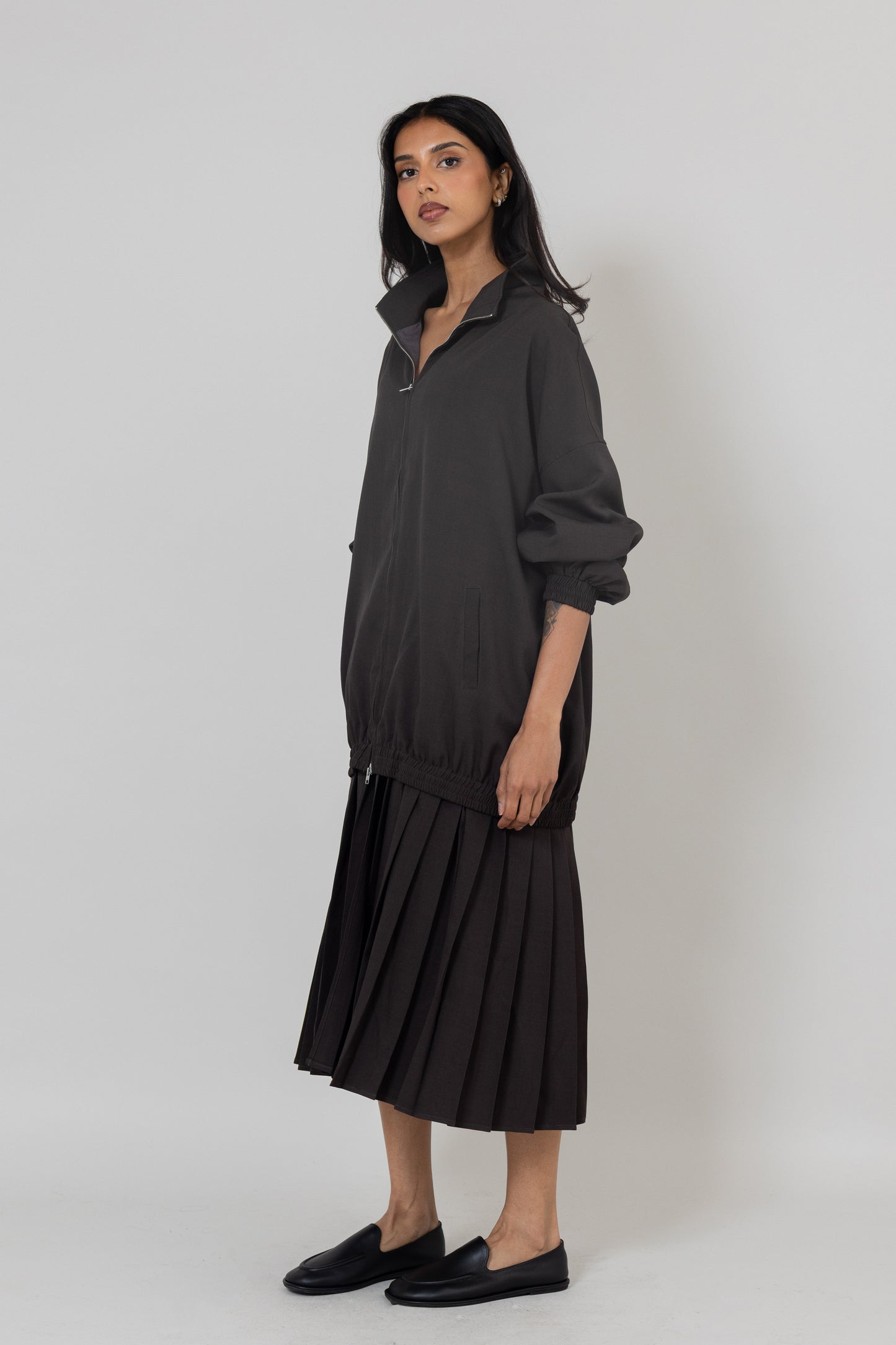 Grey Bomber-like Jacket with Attached Pleats