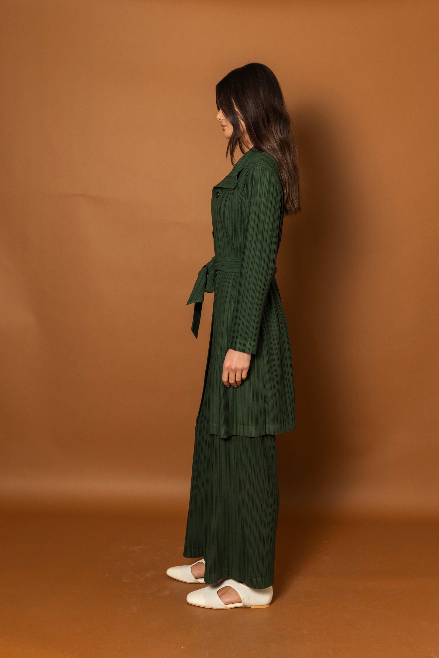 Green Pleated Long Jacket Set