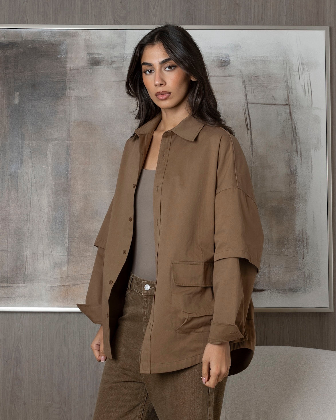 Beige Shirt with Double Sleeve