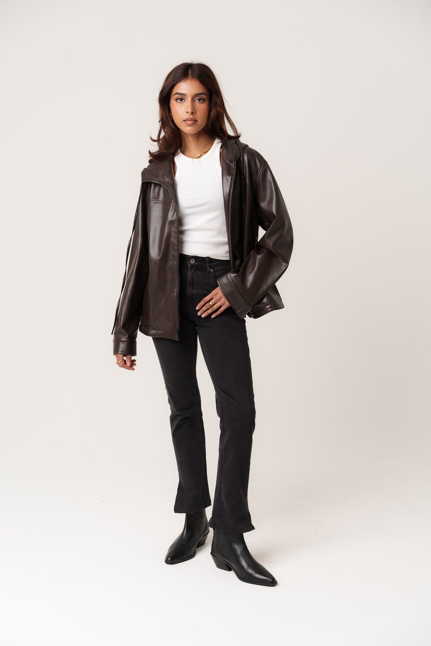 Coffee Leather Hooded Jacket