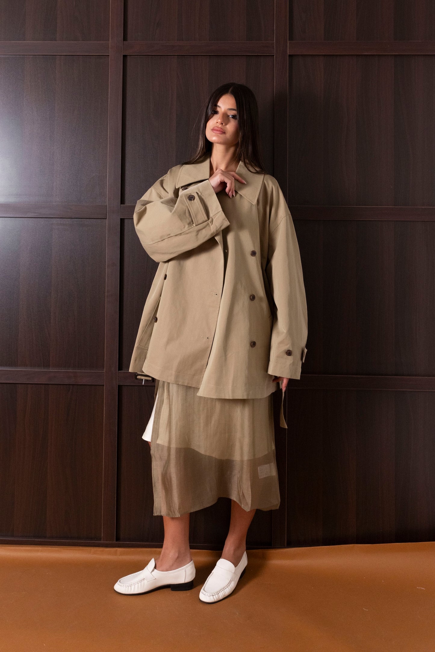 Beige Short Trench Dress Set (Dress & Jacket)