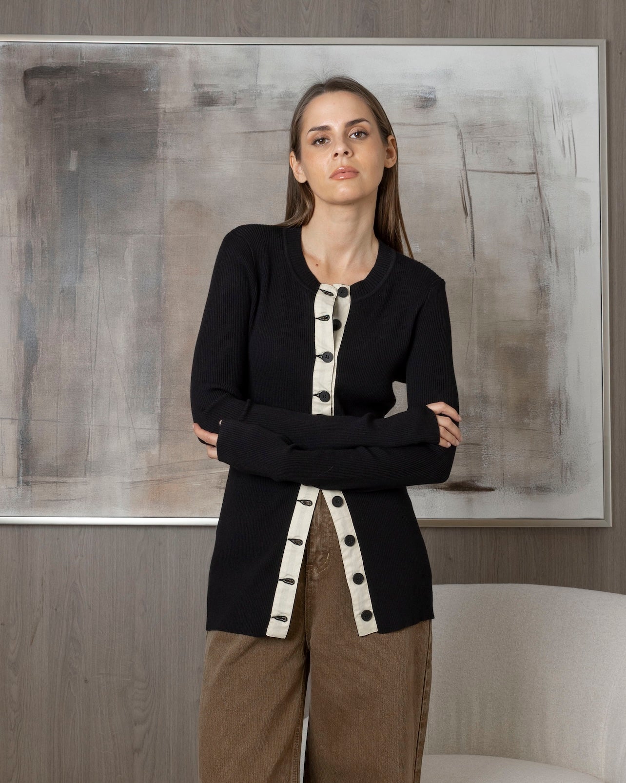 Black Ribbed Cardigan with Pastel Yellow Detail