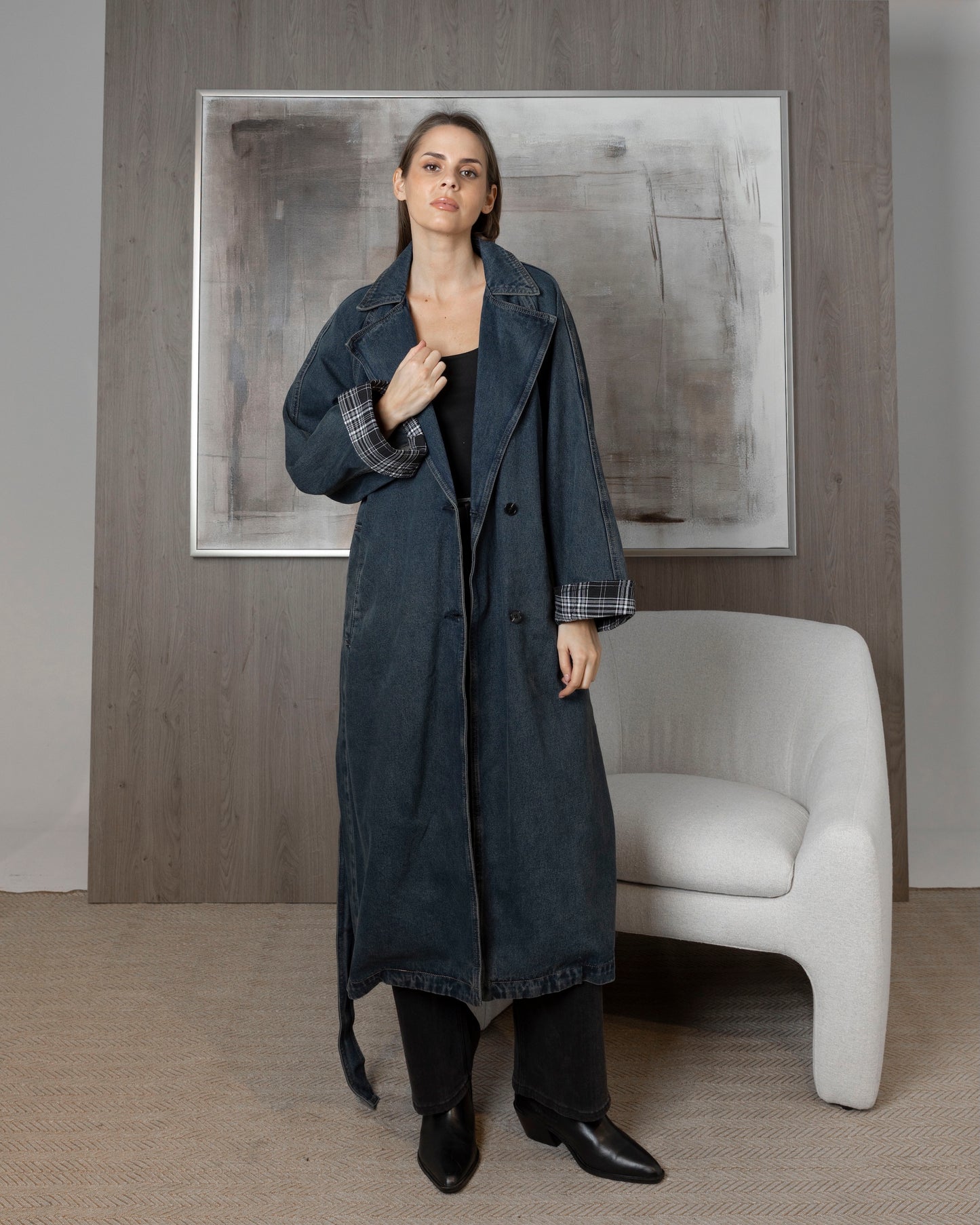 Denim Trench with Plaid Reversible Sleeve