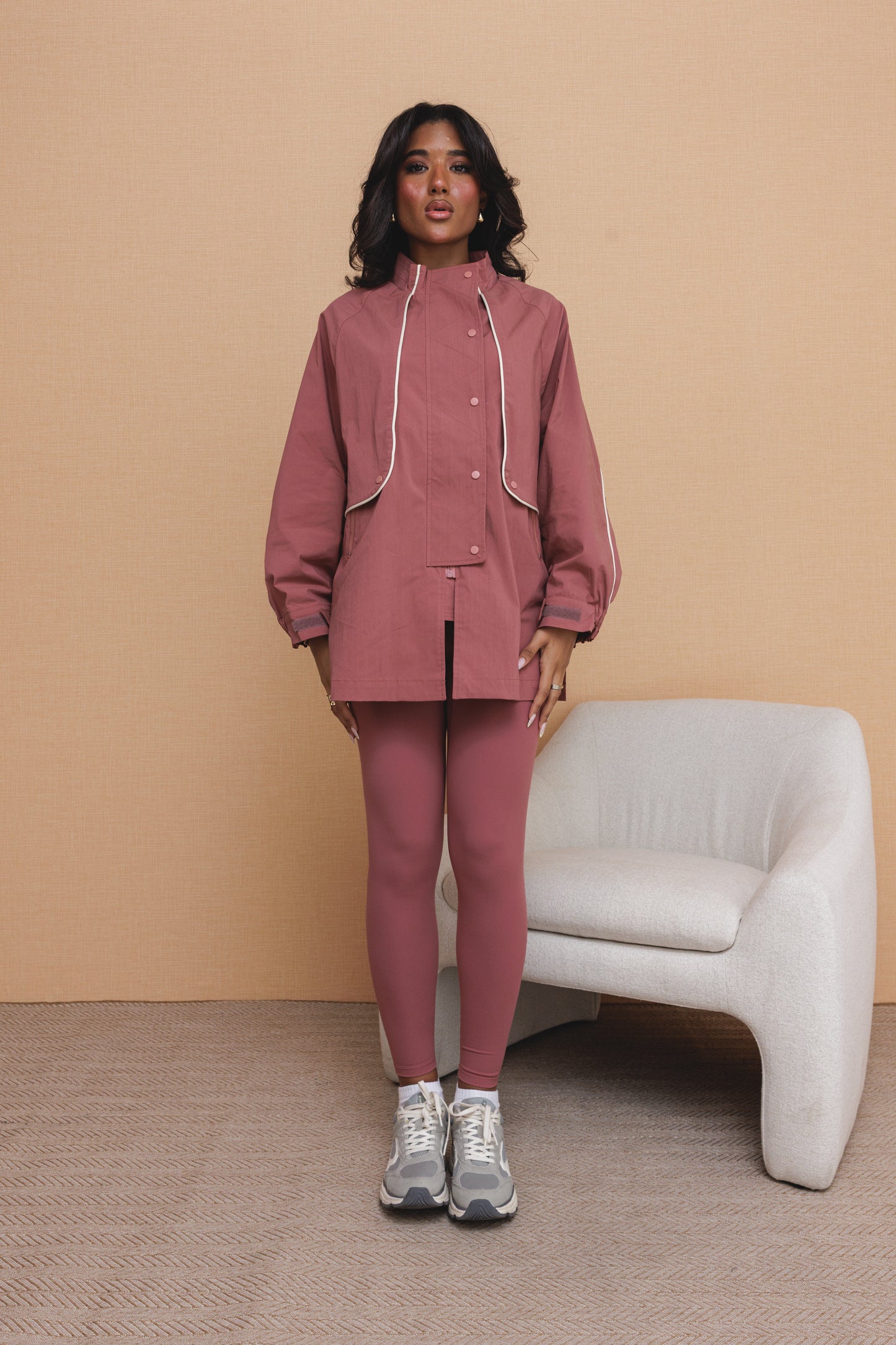 Pink Parka Jacket with Creme Trim & Pink Leggings - Set