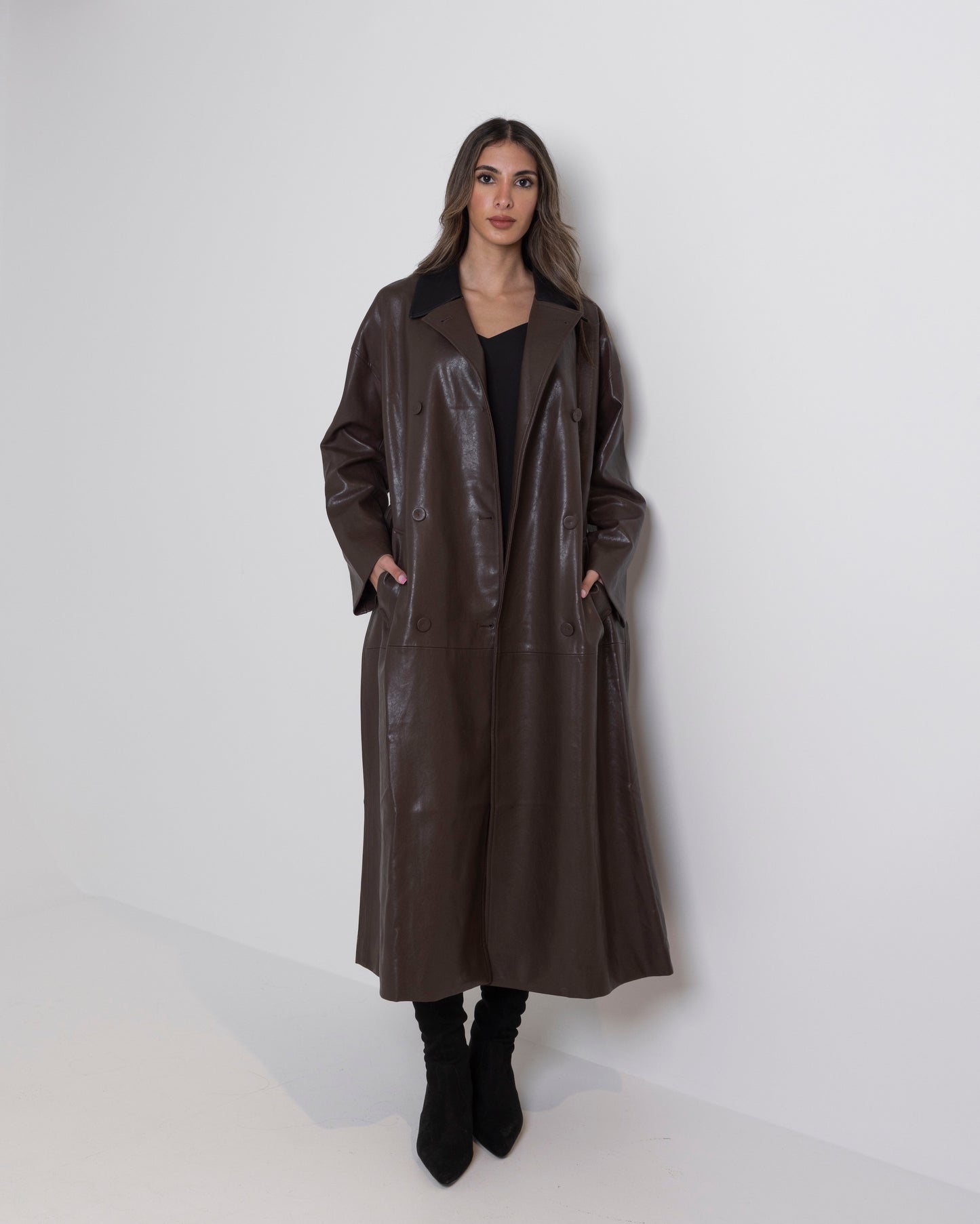 Brown Leather Trench with Black Collar