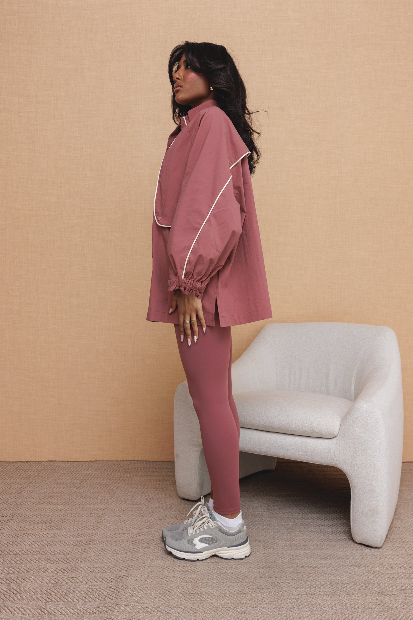 Pink Parka Jacket with Creme Trim & Pink Leggings - Set