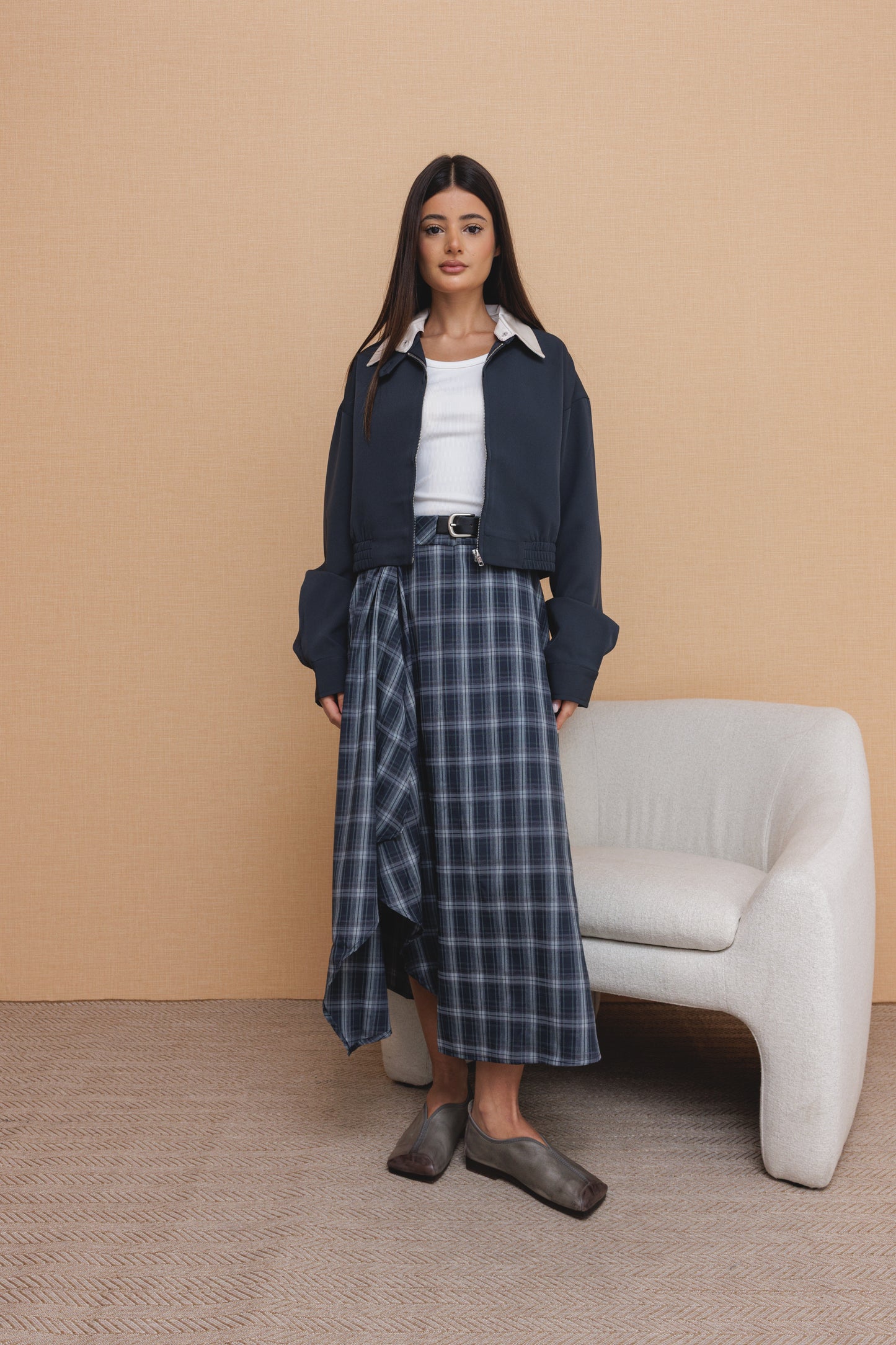 Checked Skirt Navy& Grey with Navy Bomber - Set