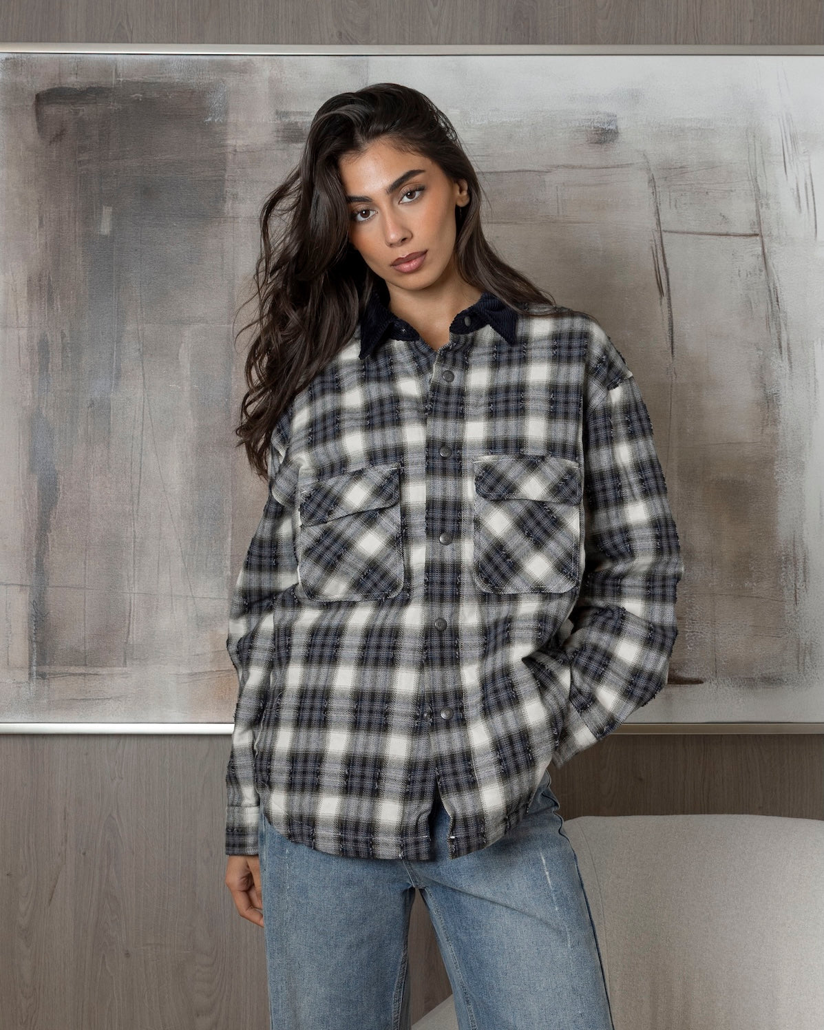 Plaid Shirt with Corduroy Collar