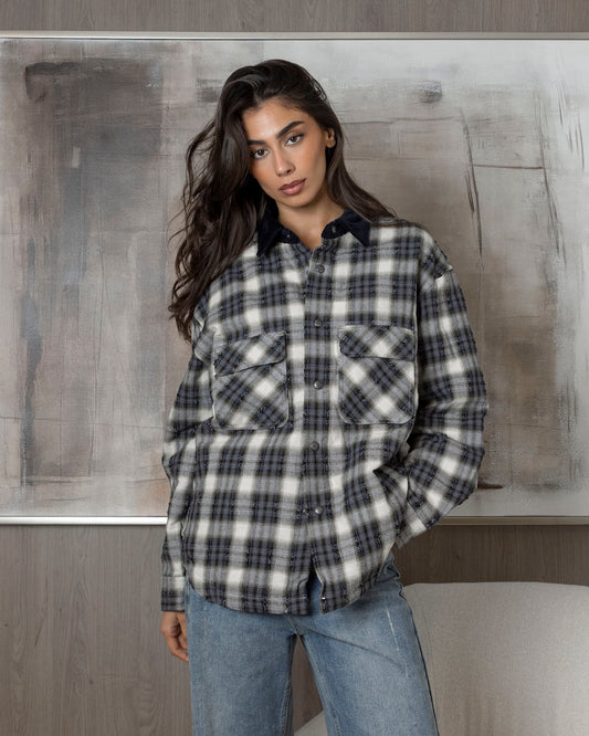 Plaid Shirt with Corduroy Collar
