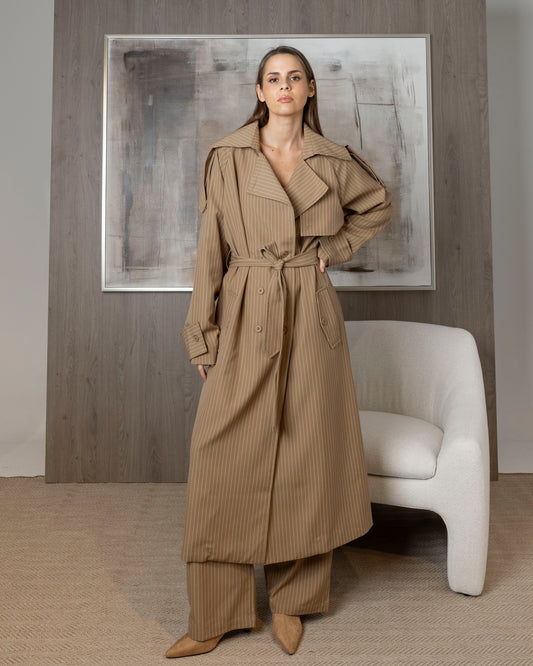 Brown Striped Trench Set