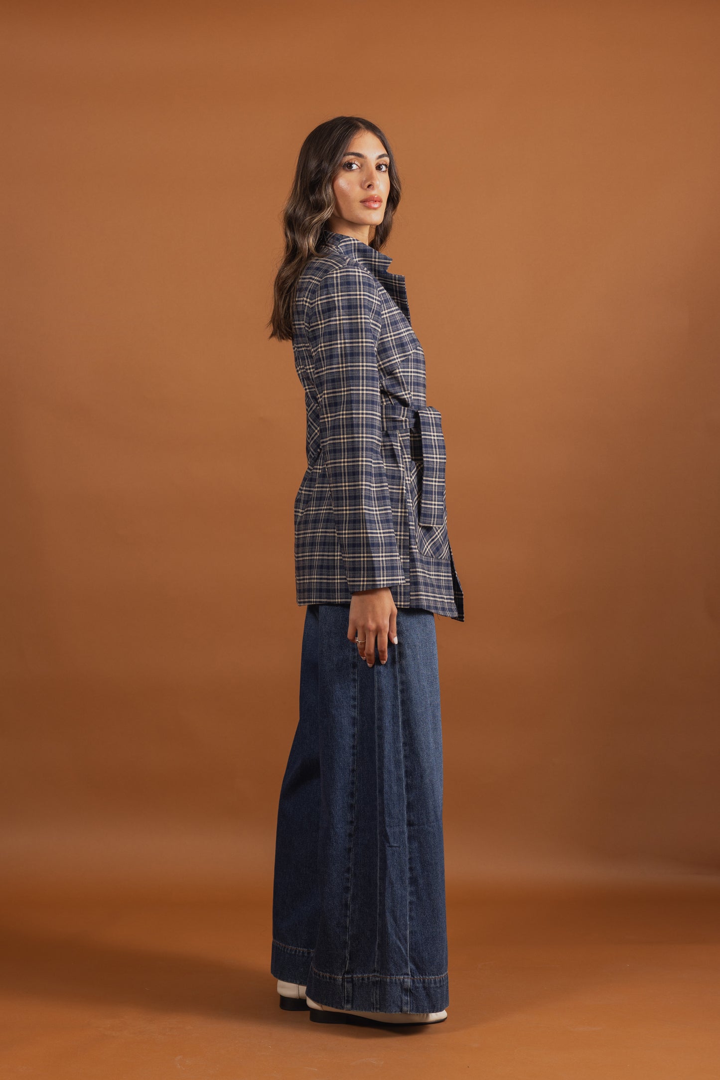 Checked Asymmetrical Wrap Belted Top