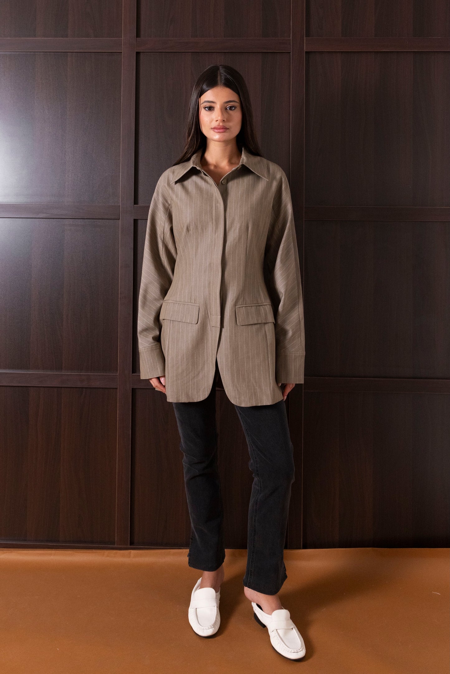 Collared Waisted Striped Jackets (Grey & Beige)