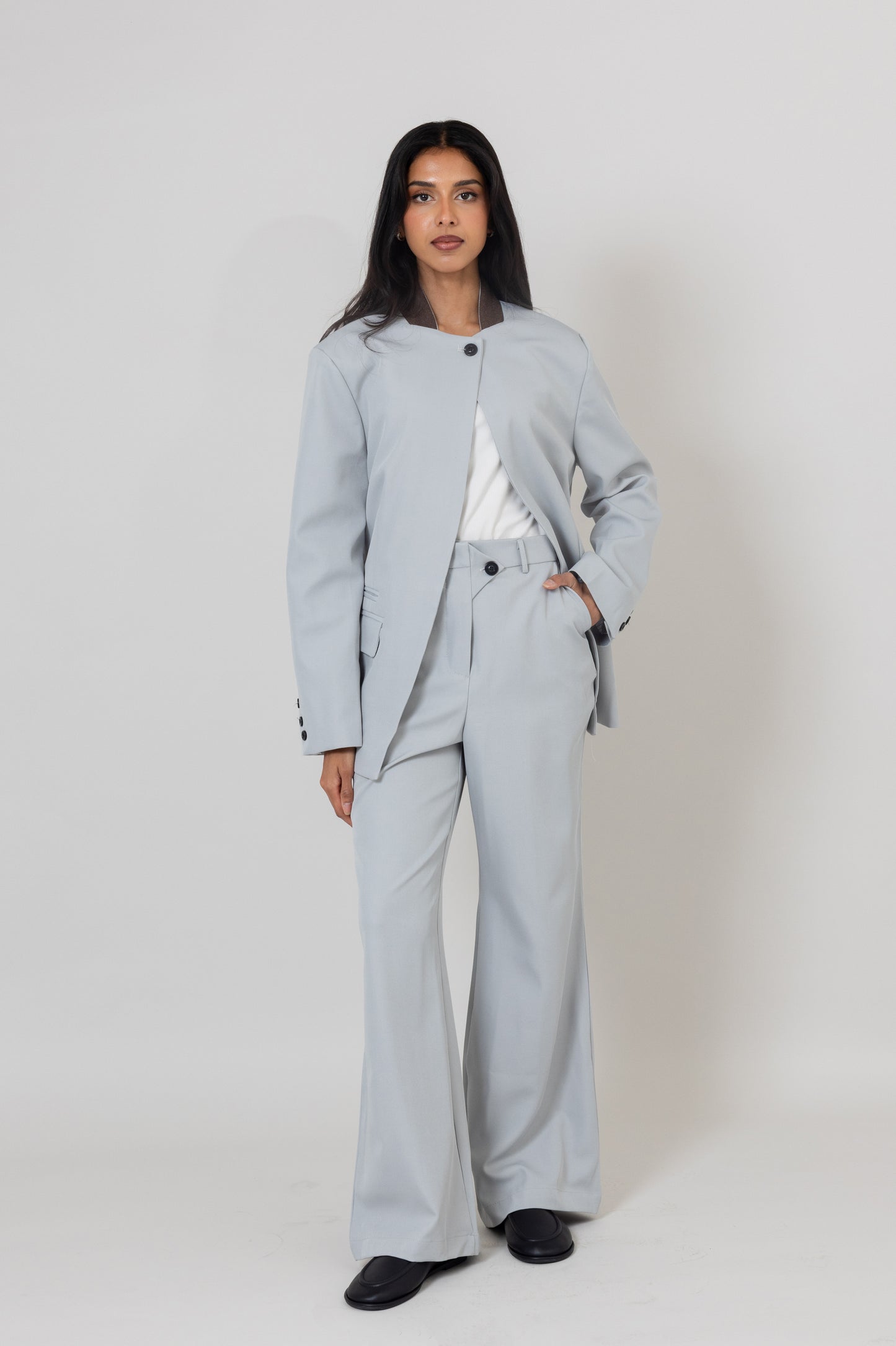Grey Suit Set with Black Collar