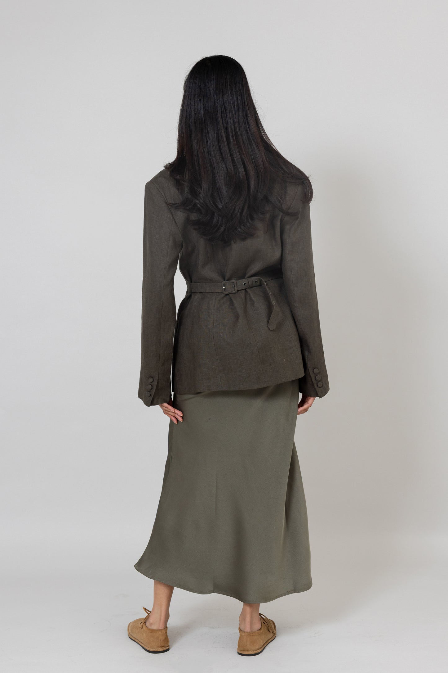 Olive Green Blazer & Silk Skirt Set