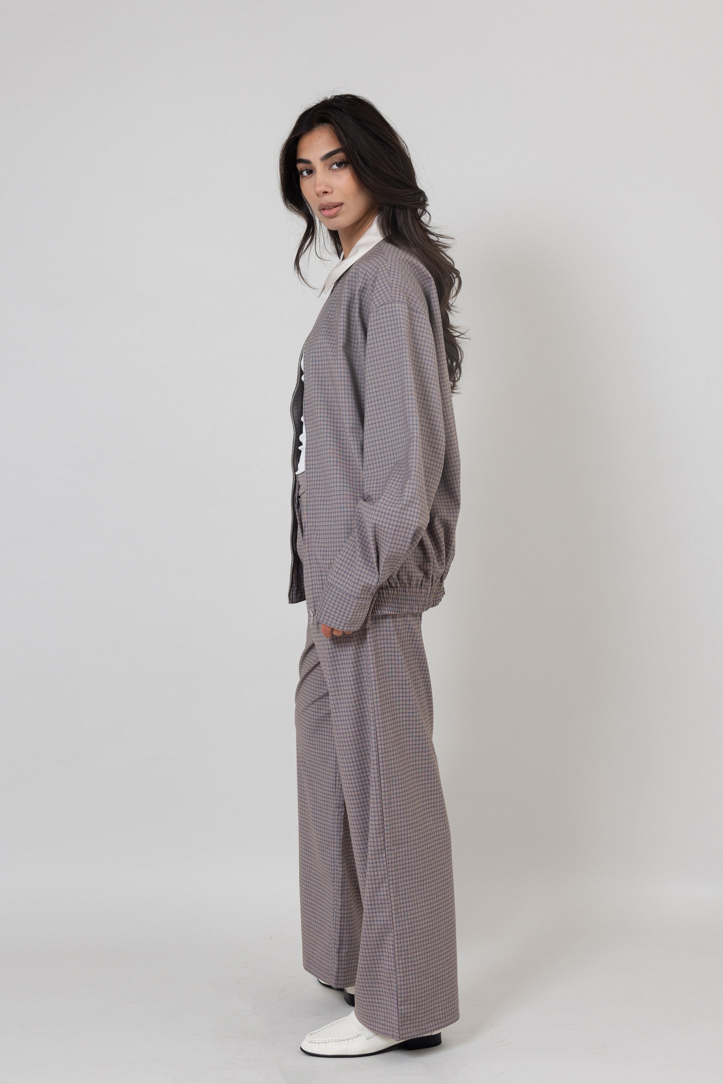 Dark Beige Plaid Set with White Collar